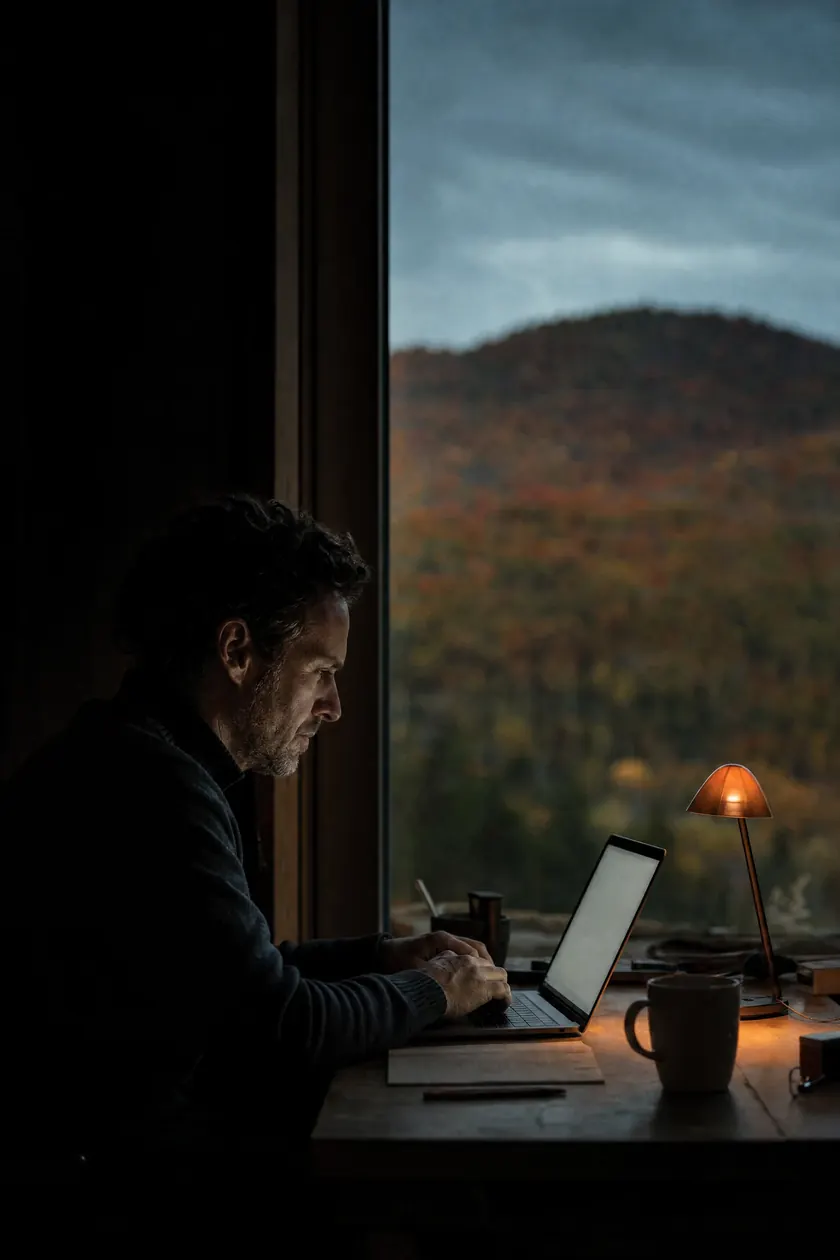 Somebody working at a desk at dusk, a laptop lighting one side of their face and a Canadian maple ridge in the window behind